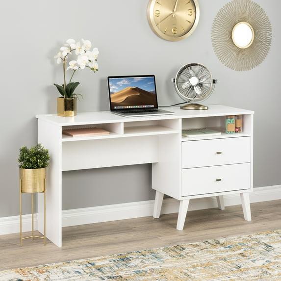 Milo Computer Desk with Side Storage and 2 Drawers White - Prepac: Mid-Century Modern, Wire Management