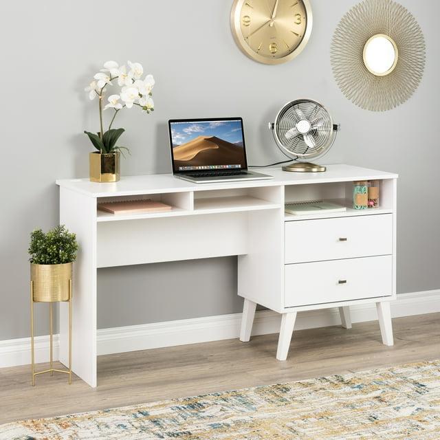 Milo Computer Desk with Side Storage and 2 Drawers White - Prepac: Mid-Century Modern, Wire Management