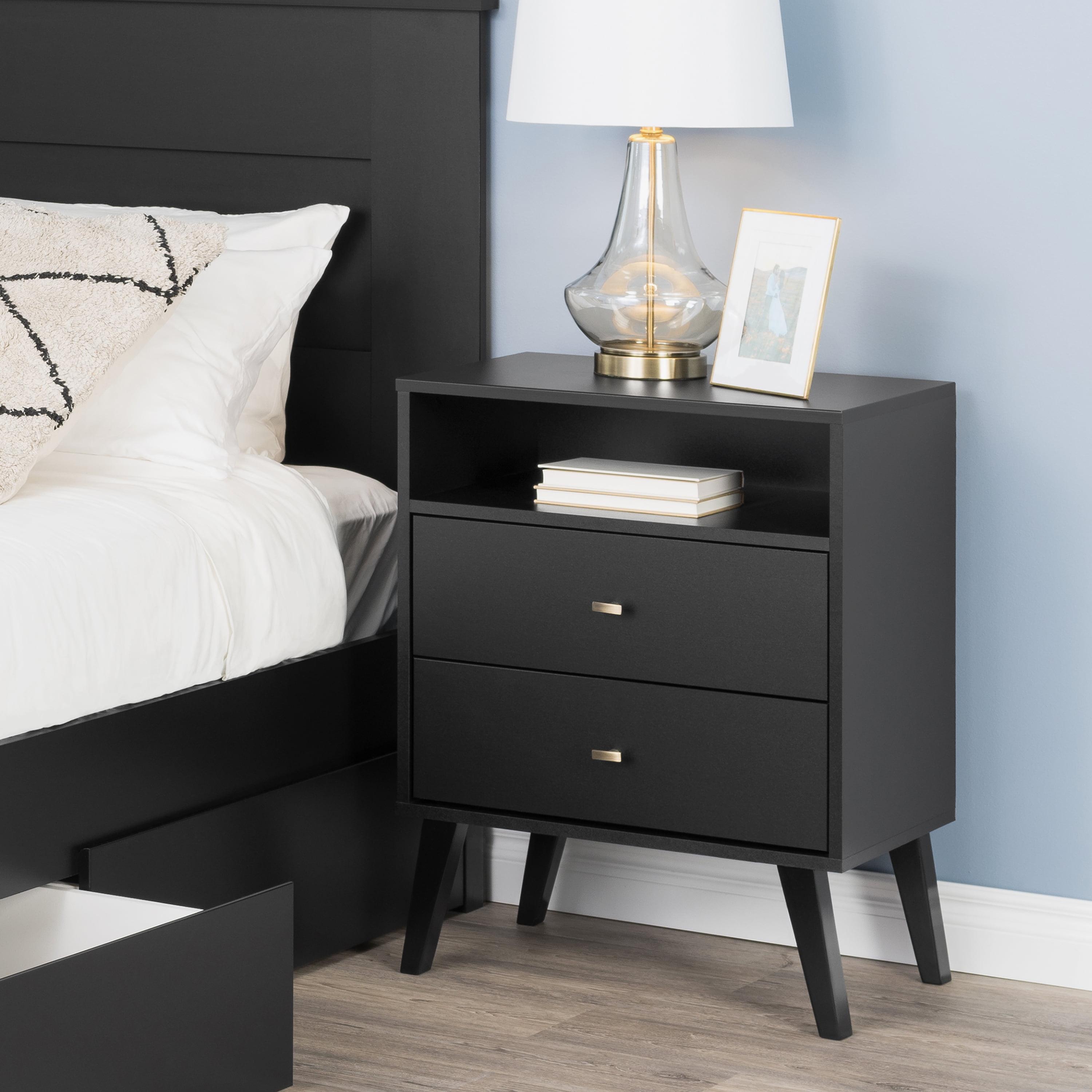 Milo Mid-Century Modern Black Nightstand with Brass Knobs and Open Shelf