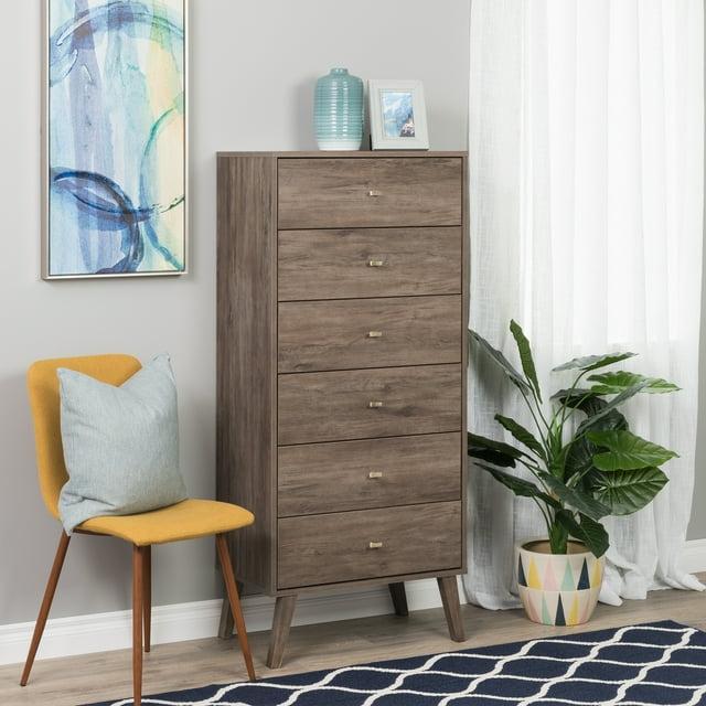 6 Drawer Milo Mid-Century Modern Tall Chest Drifted Gray - Prepac: Space-Saving Bedroom Storage