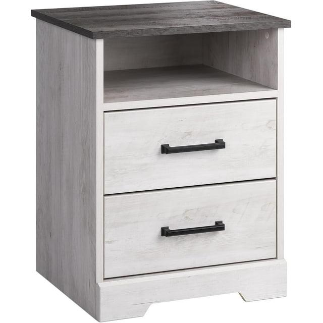 Prepac Rustic Ridge Farmhouse Nightstand with 2 Drawers and Open Cubby Washed White