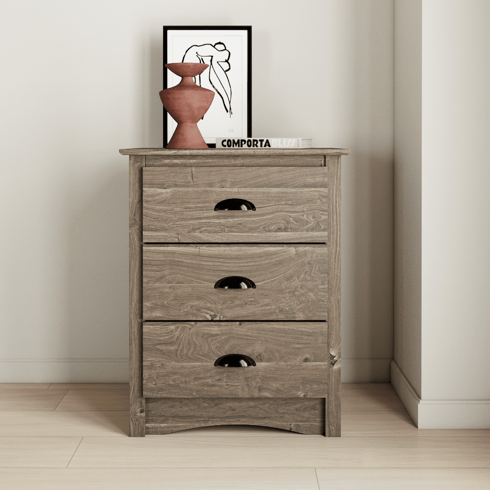 Drifted Gray 3-Drawer Tall Nightstand with Black Handles