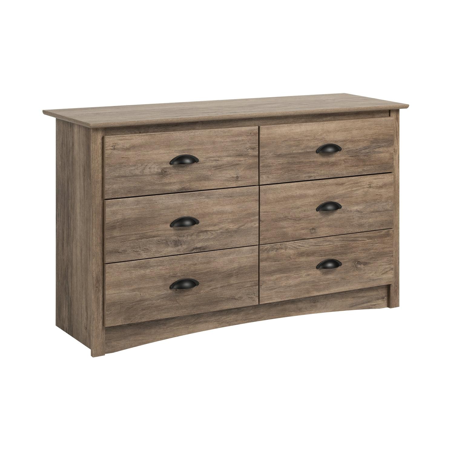 Coastal Gray 6-Drawer Double Dresser with Black Metal Handles