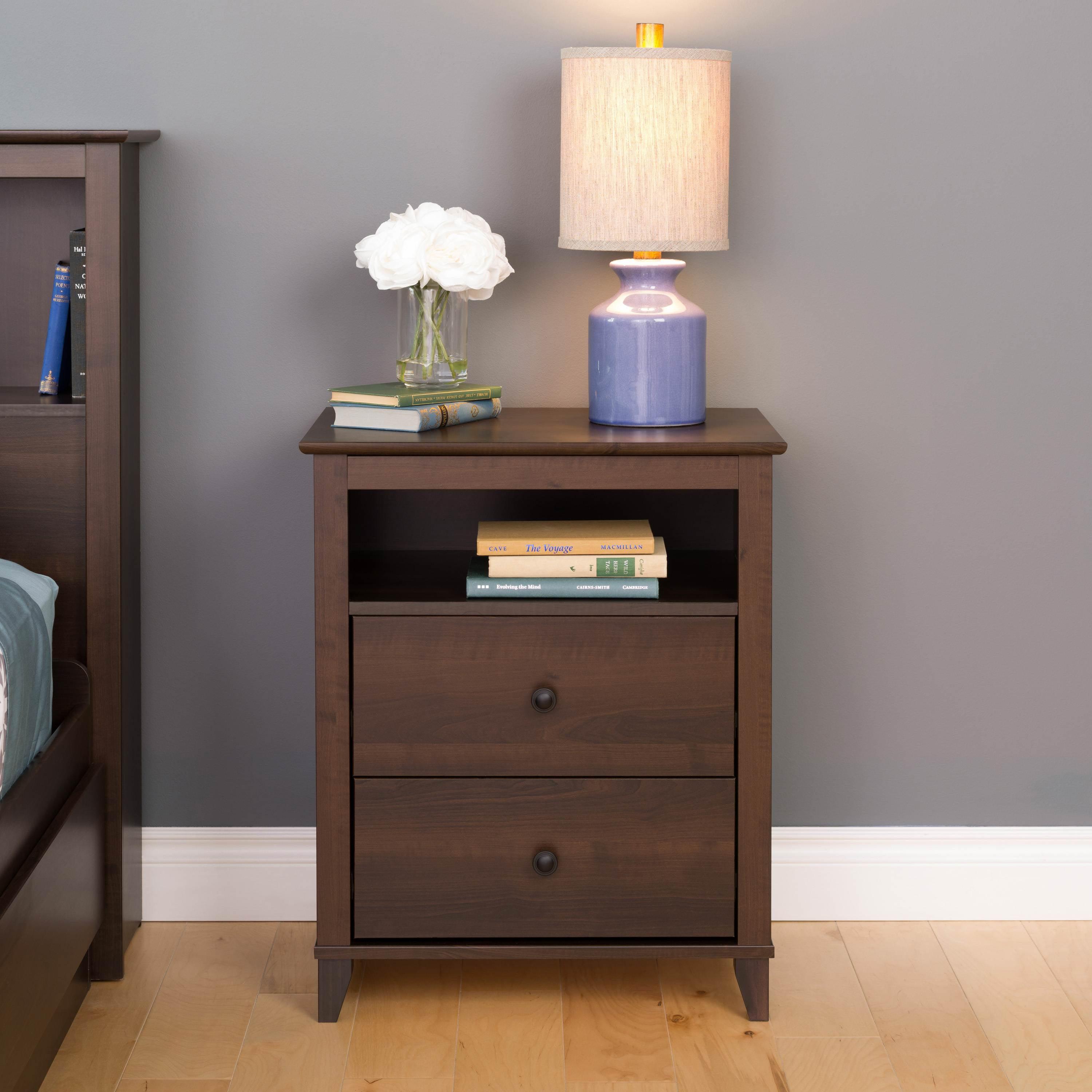 Espresso Tall 2-Drawer Nightstand with Open Cubby