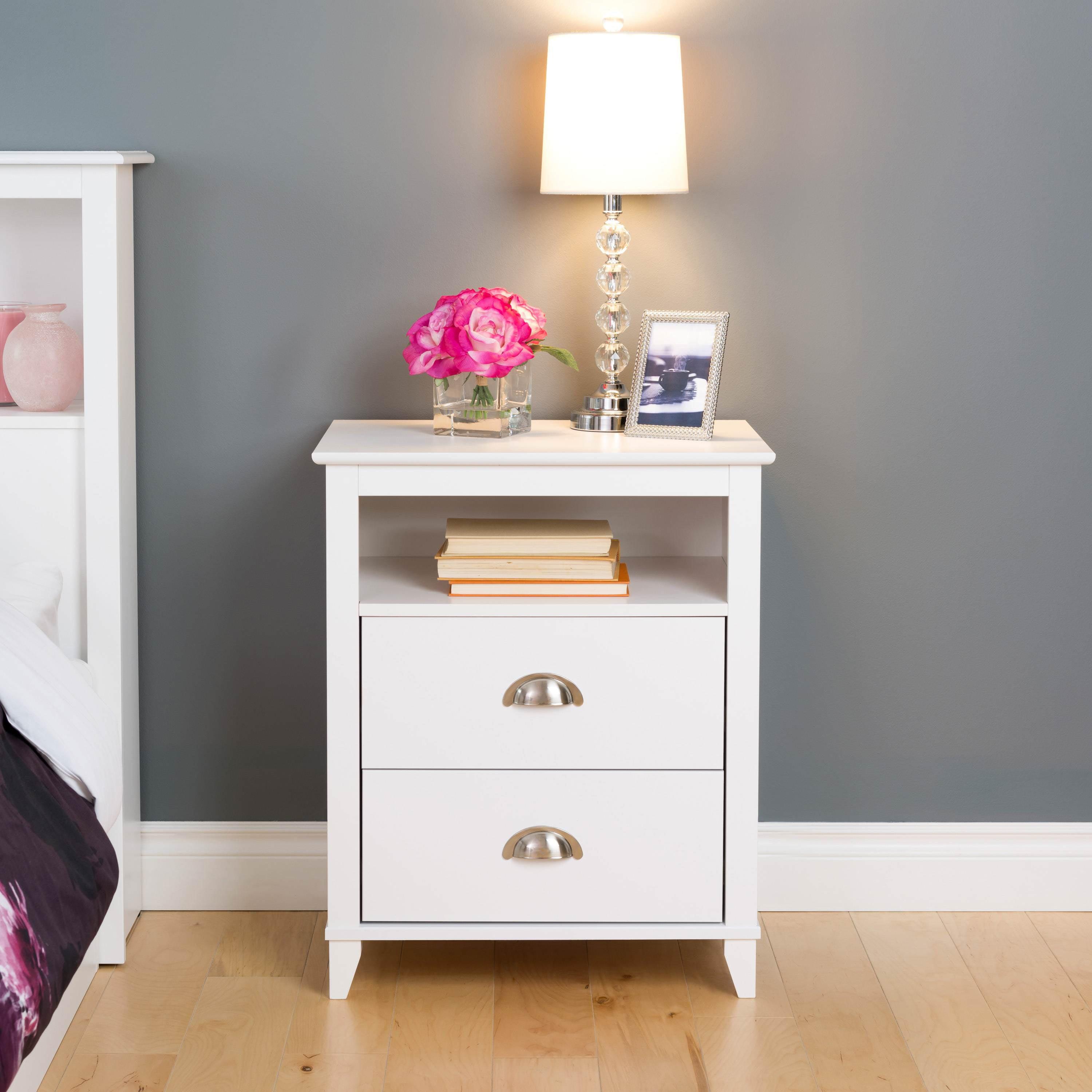 White Tall 2-Drawer Nightstand with Open Cubby