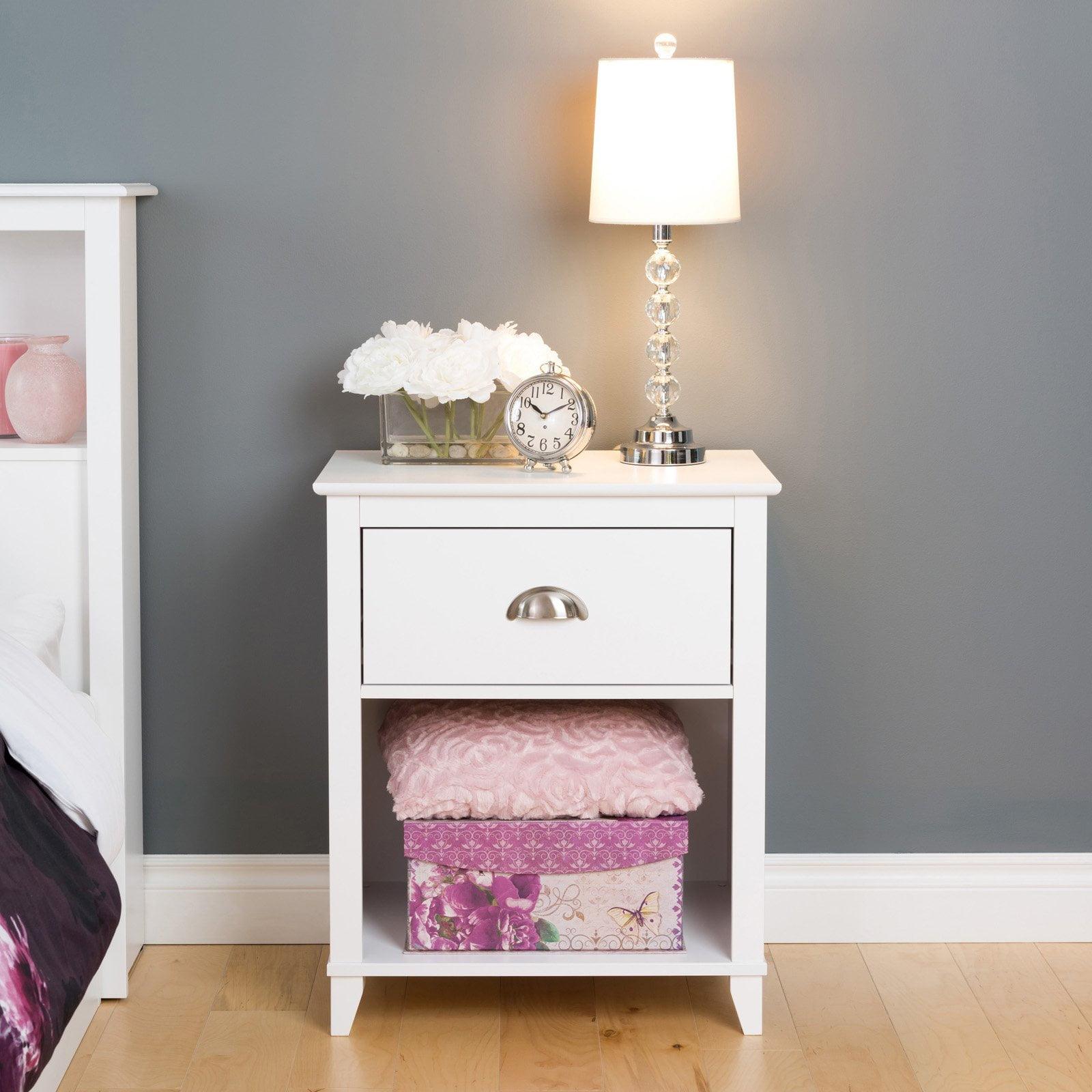 White Tall 1-Drawer Nightstand with Open Shelf