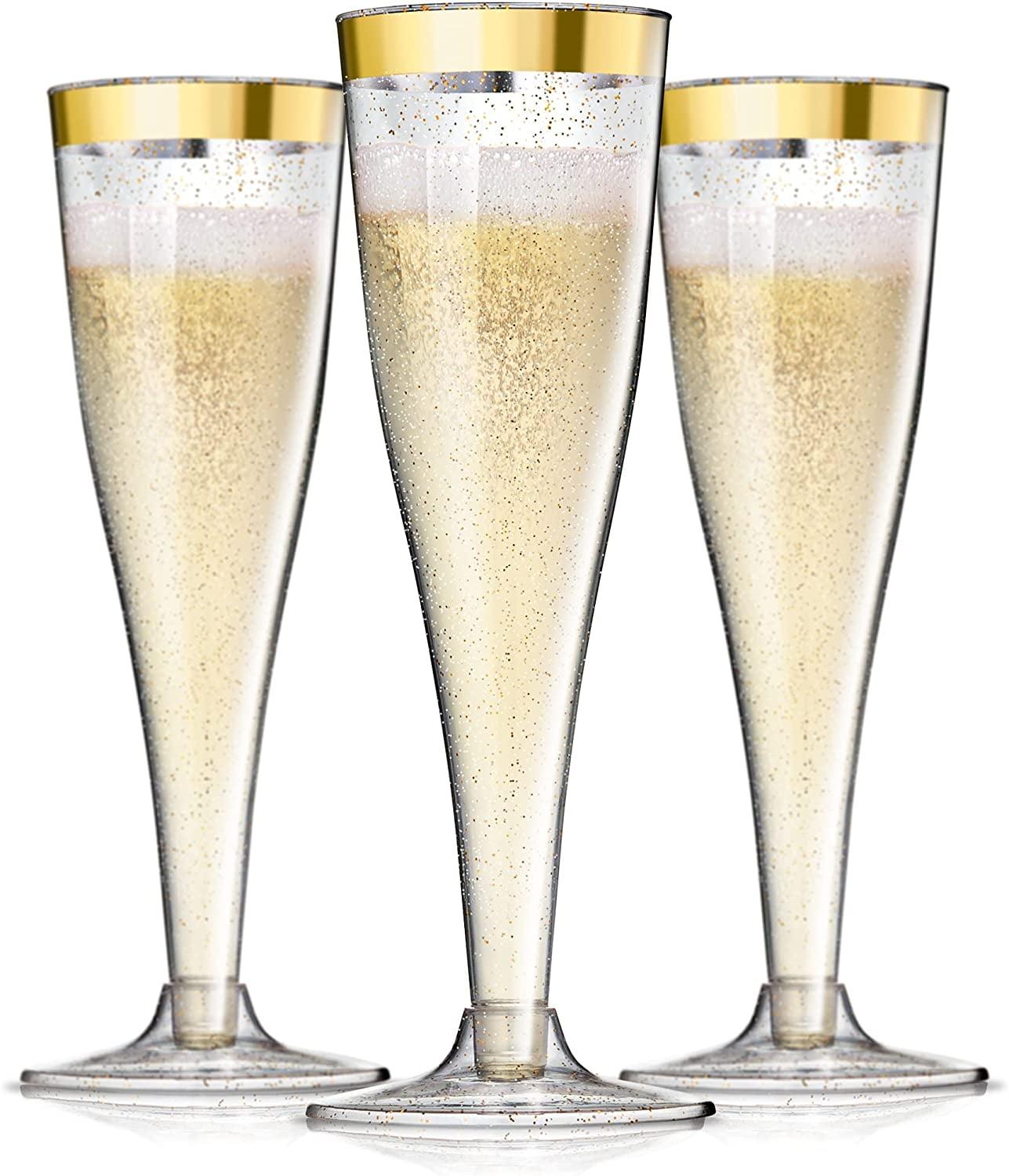 Prestee 24 Champagne Flutes Disposable, Gold Rim Glitter Plastic Cups