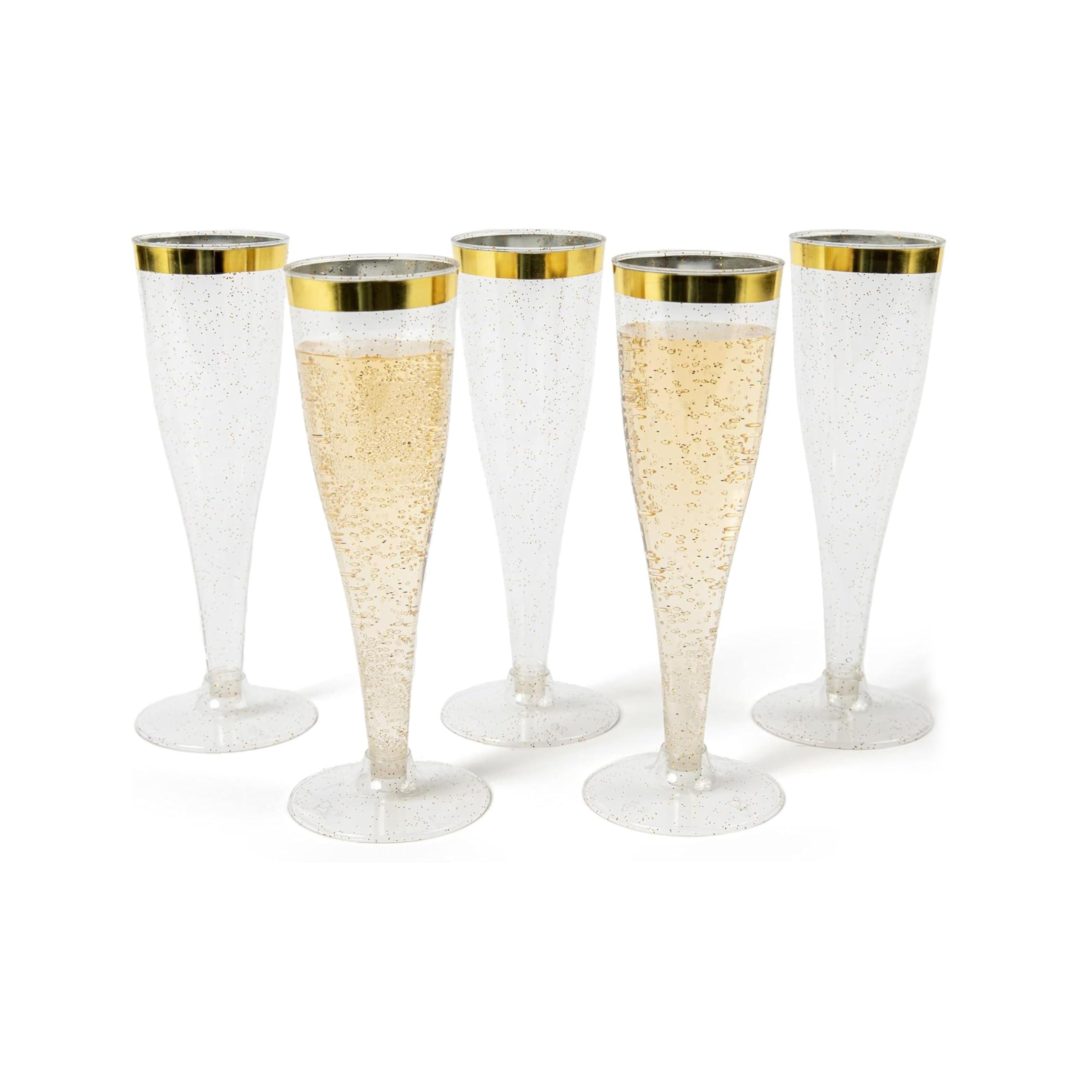 Prestee 24 Champagne Flutes Disposable, Gold Rim Glitter Plastic Cups