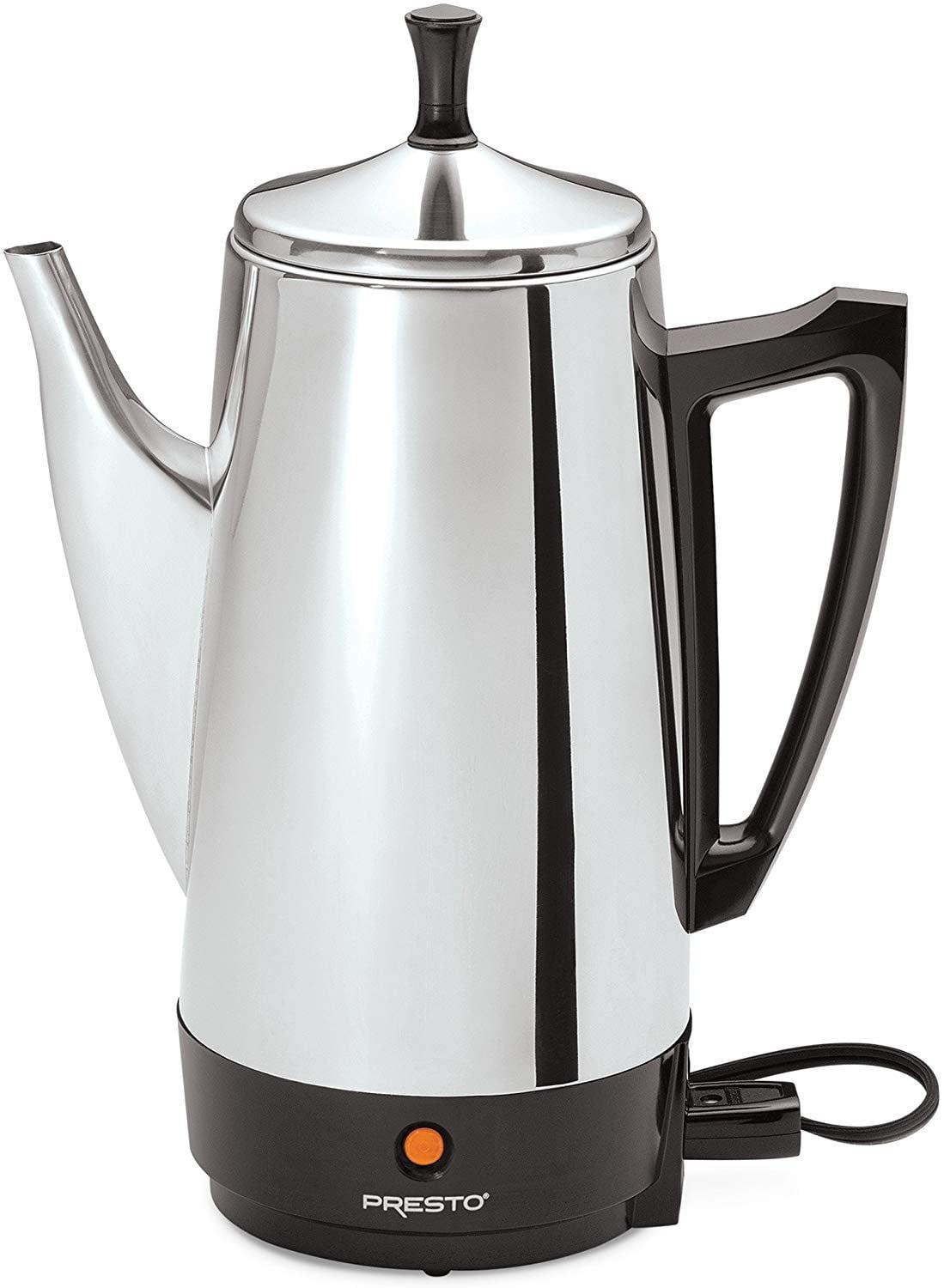 Presto Stainless Steel Coffee Maker, 12 Cup Robust Percolator Coffee Machine for Kitchens with Filter Basket and Signal Light, Silver