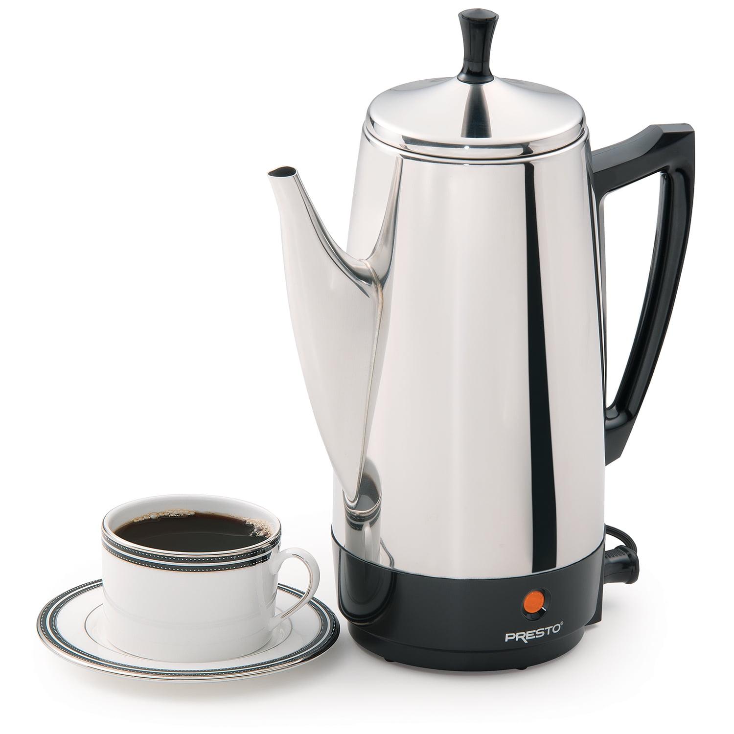 Presto Stainless Steel Coffee Maker, 12 Cup Robust Percolator Coffee Machine for Kitchens with Filter Basket and Signal Light, Silver
