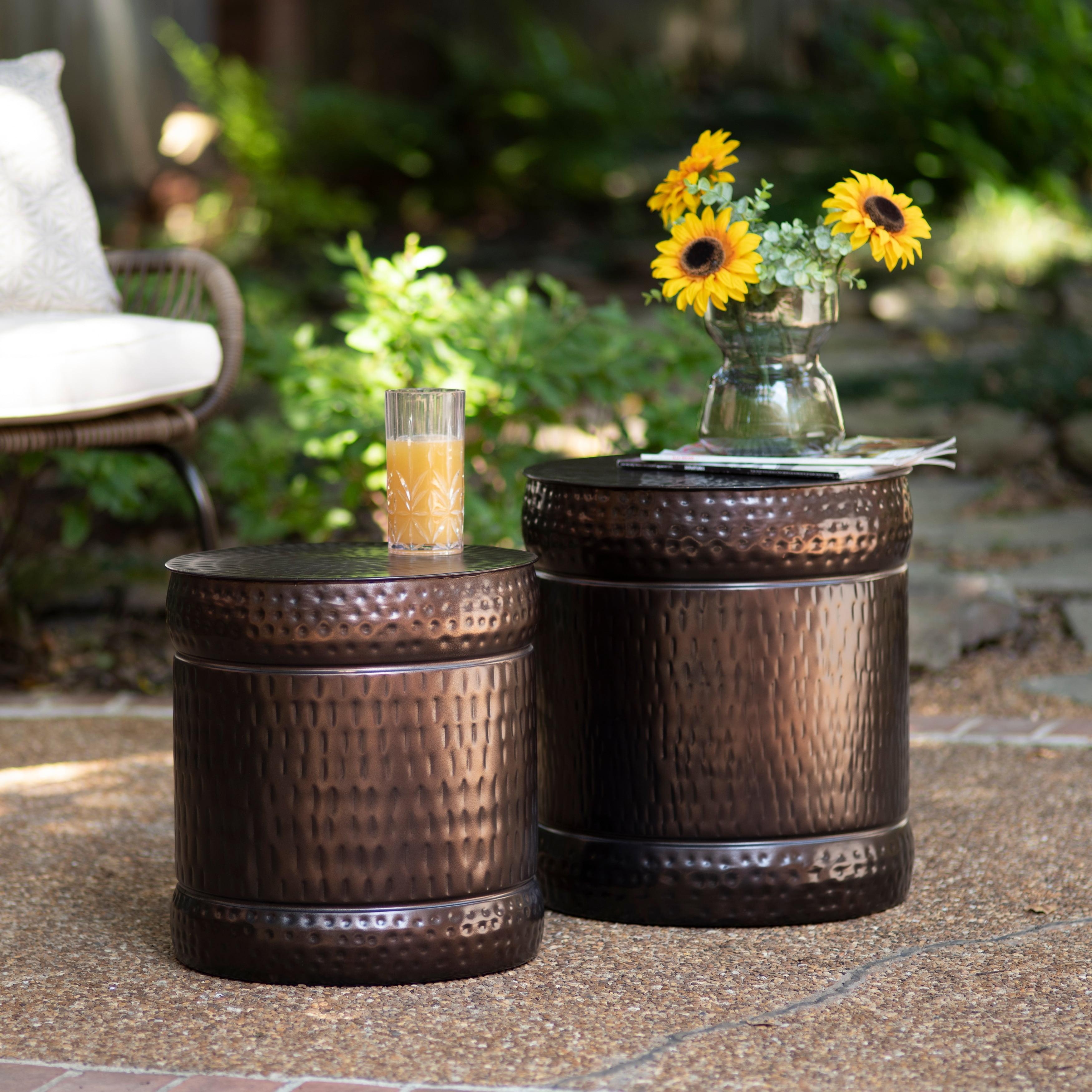 Preston Bronze Hammered Metal Outdoor Stools, Set of 2