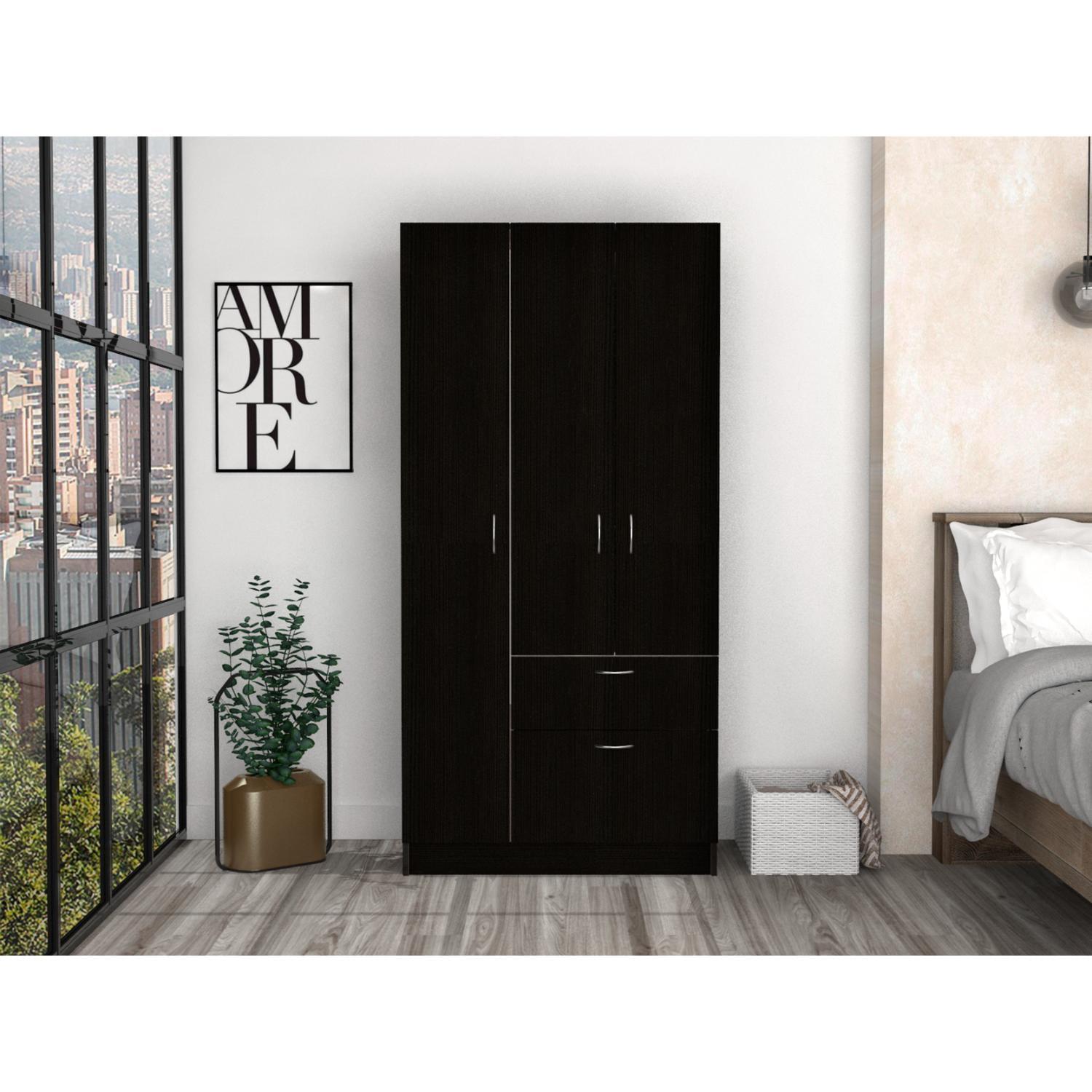 Primavera Armoire, Double Door Cabinets, One Drawer, Metal Rod, Five Shelves Black / White