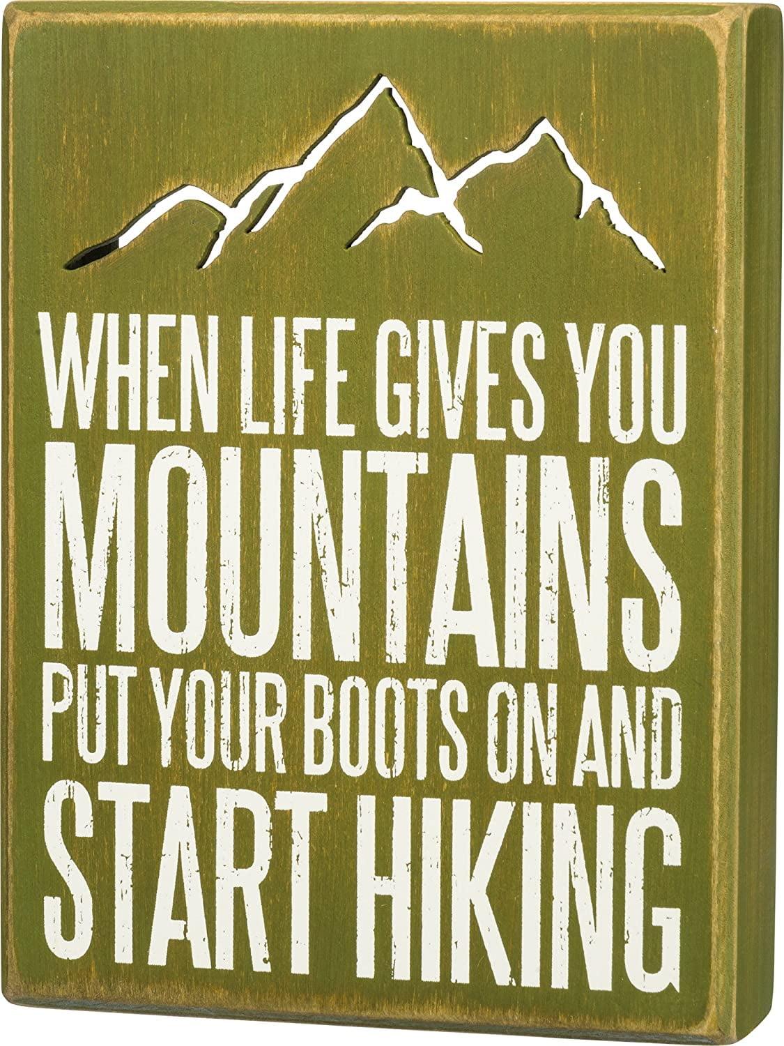 Distressed Green Wood Box Sign with Hiking Quote, 6 x 8 Inches