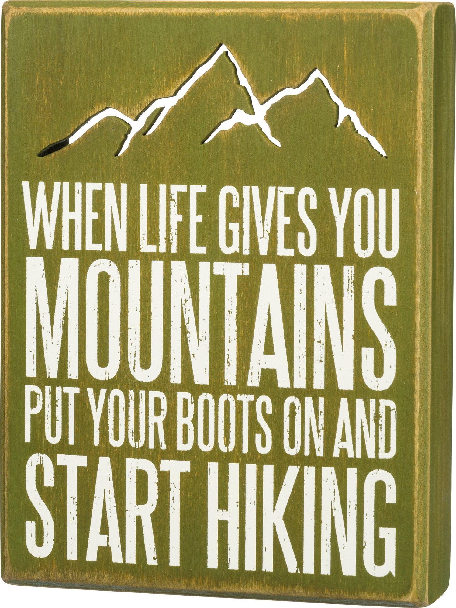 Distressed Green Wood Box Sign with Hiking Quote, 6 x 8 Inches