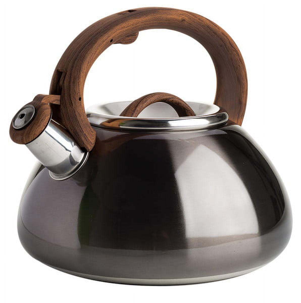 Primula Avalon 2.5 Qt. Stainless Steel Whistling Kettle with Dark Woodgrain Finish Handle - Metallic Gunmetal