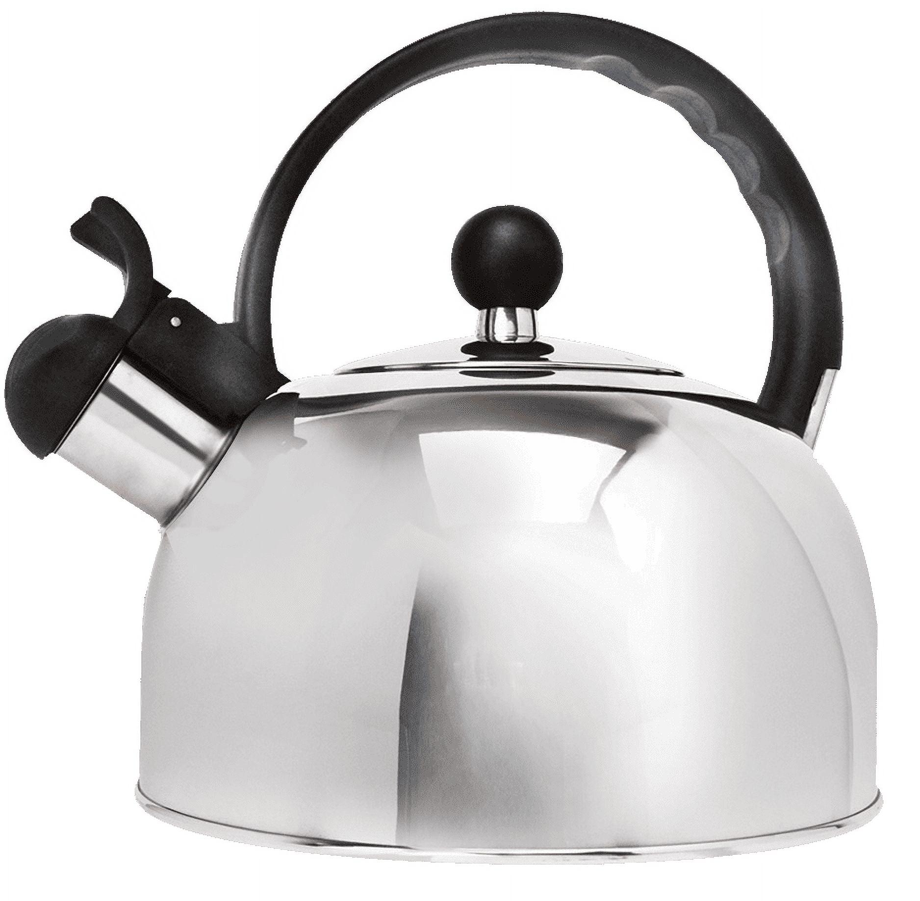 Polished Stainless Steel 2-Quart Whistling Kettle with Black Handle