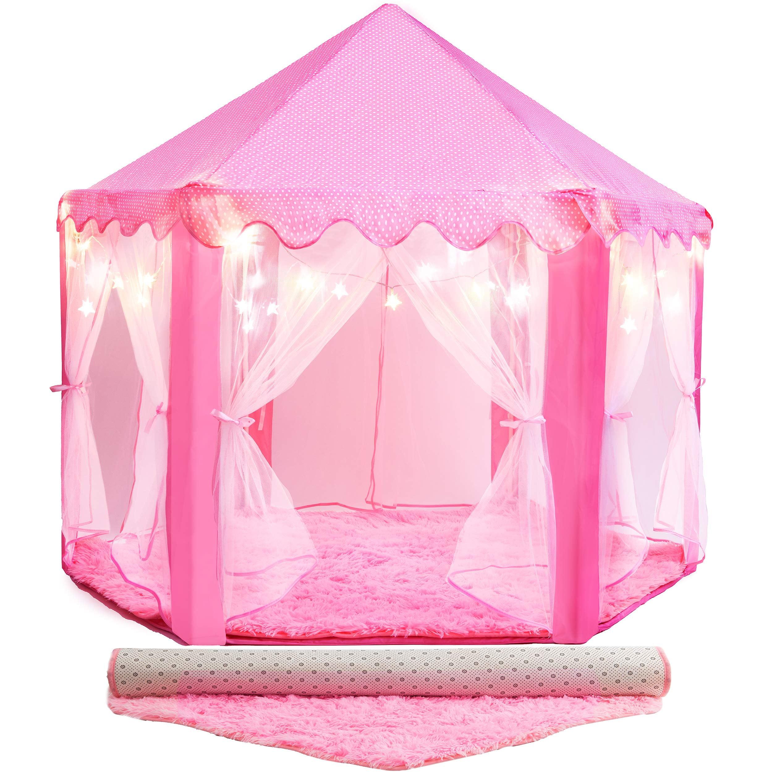 Pink Princess Play Tent with Soft Rug and LED Star Lights