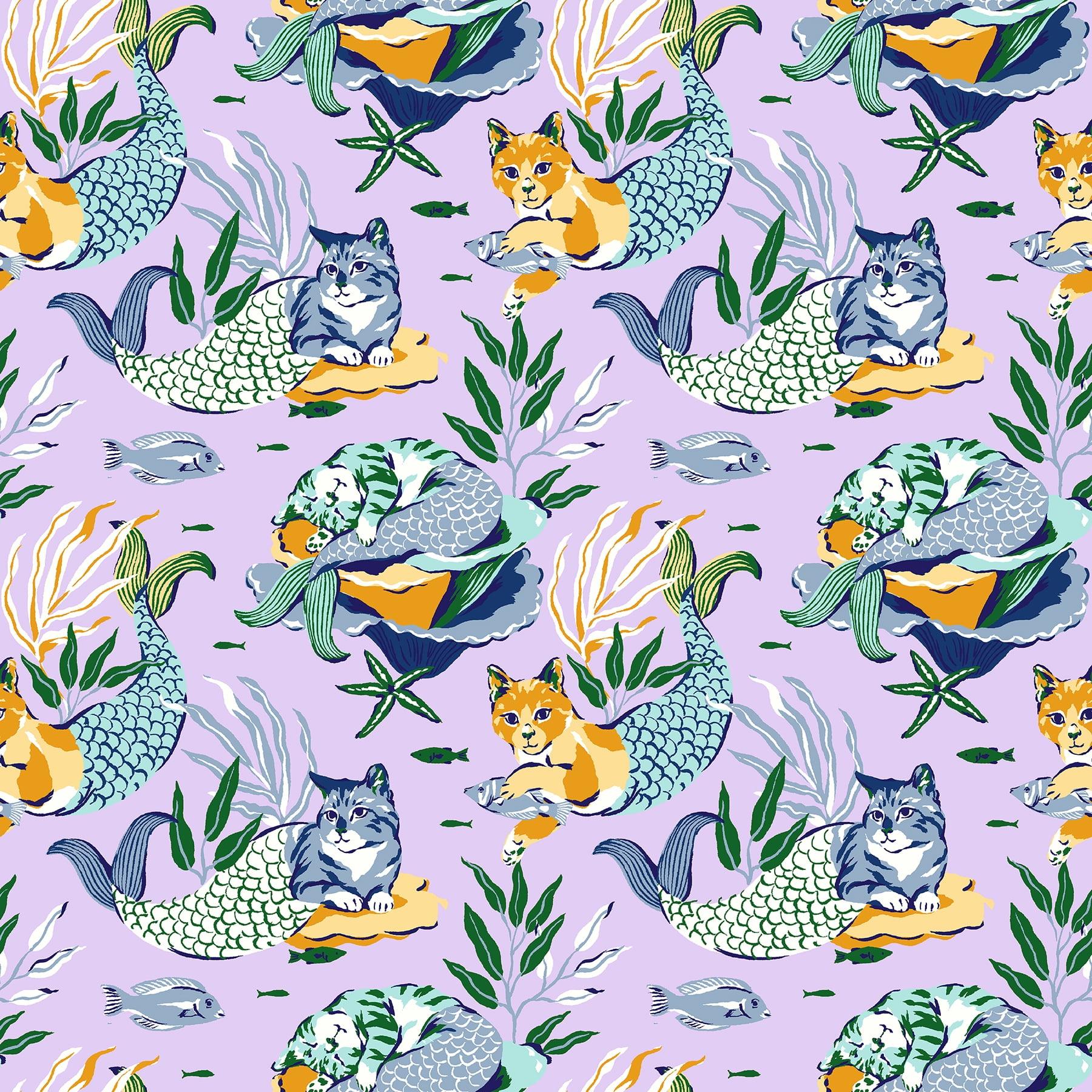 PrintFresh Meowing Mermaids Lavender Peel and Stick Wallpaper