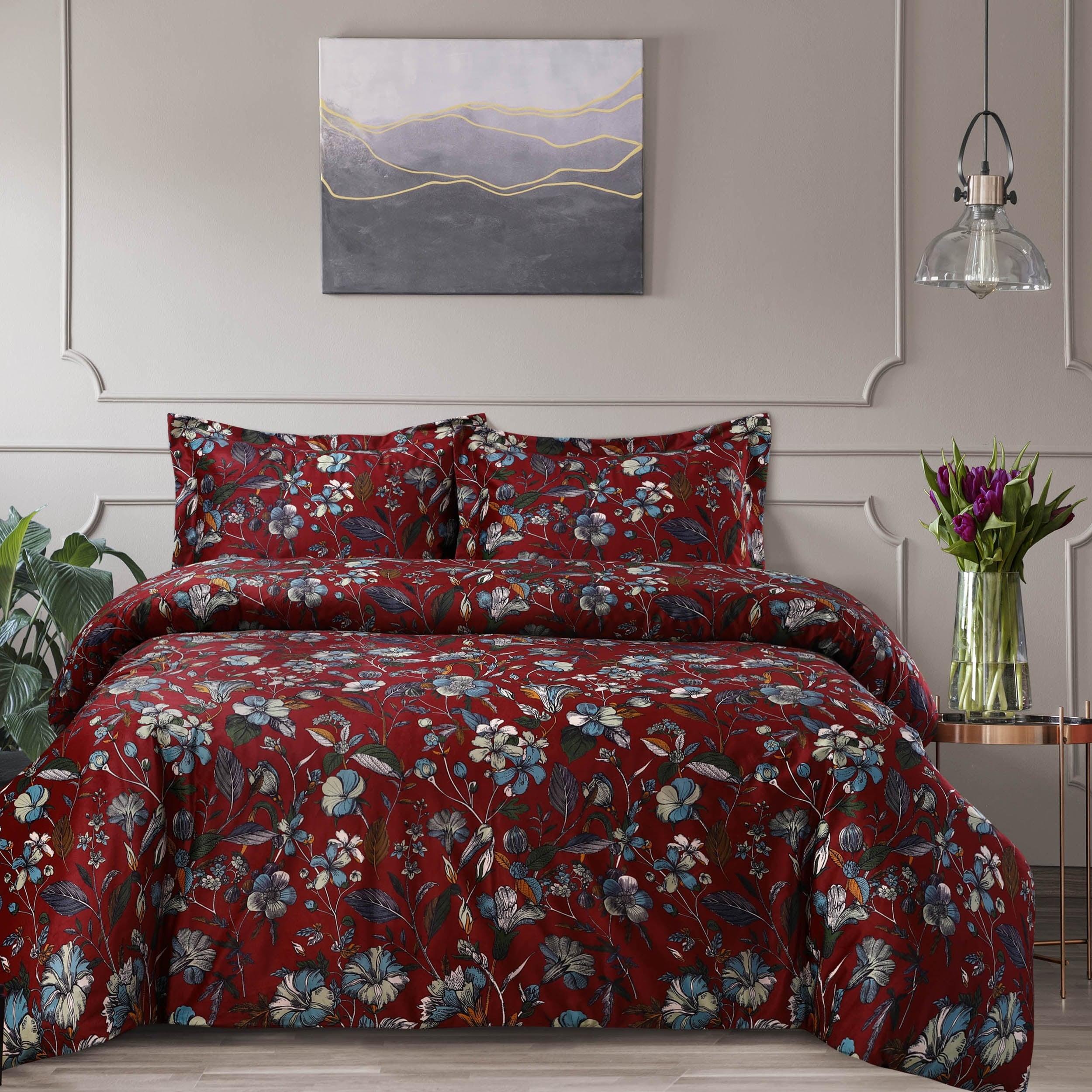 Amara Garnet Queen Floral Velvet Duvet Cover Set