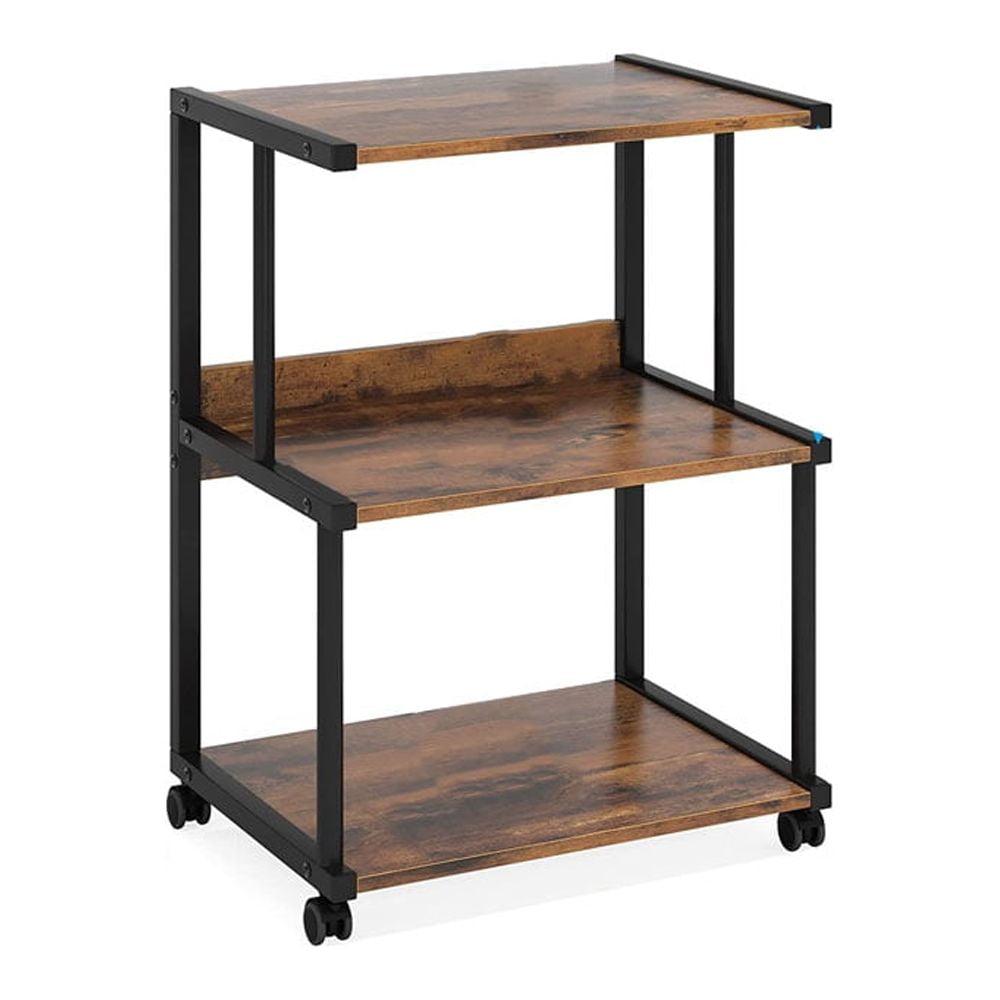 Rustic Brown 3-Shelf Rolling Printer Stand with Black Metal Frame