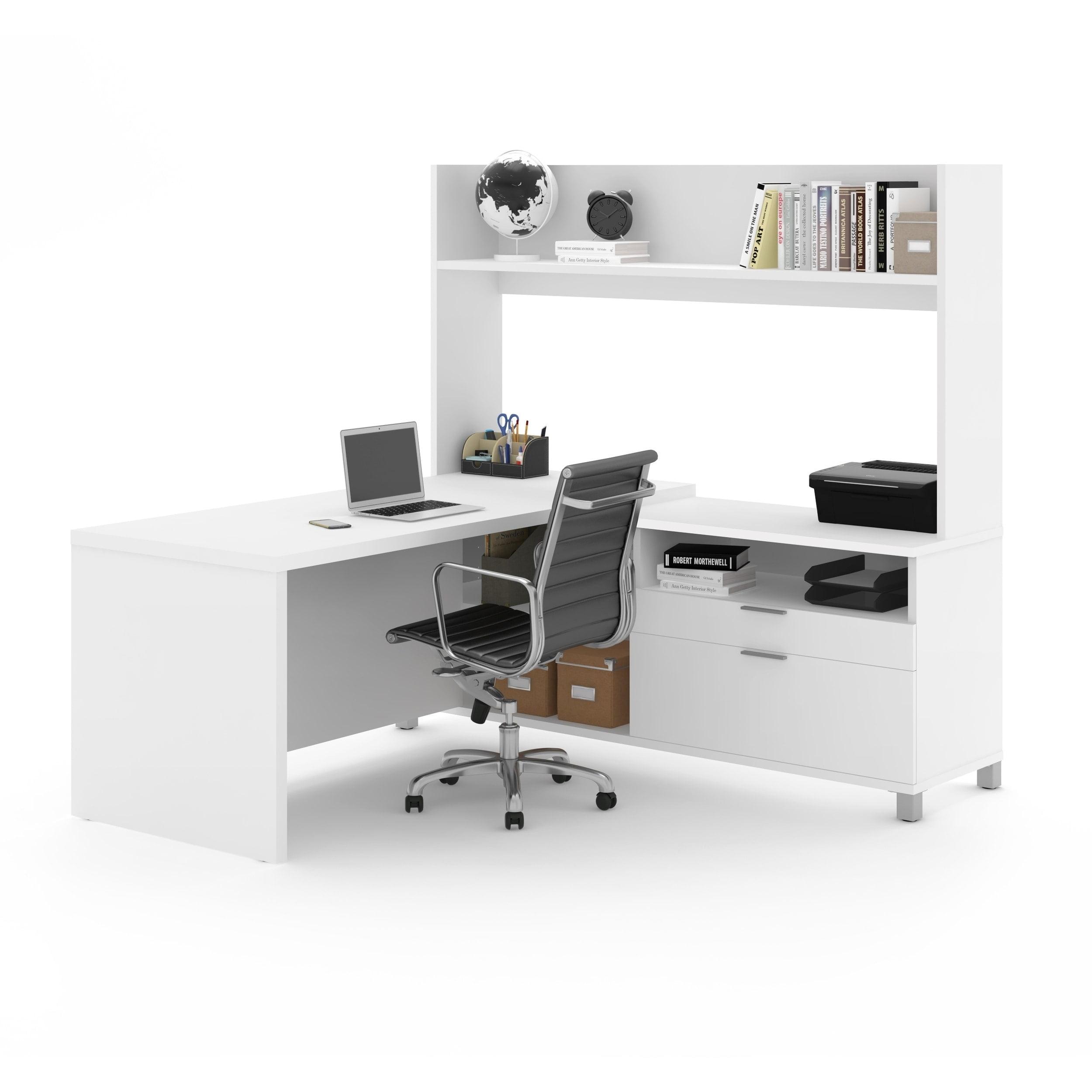 White Wood Corner Computer Desk with Hutch and Drawer