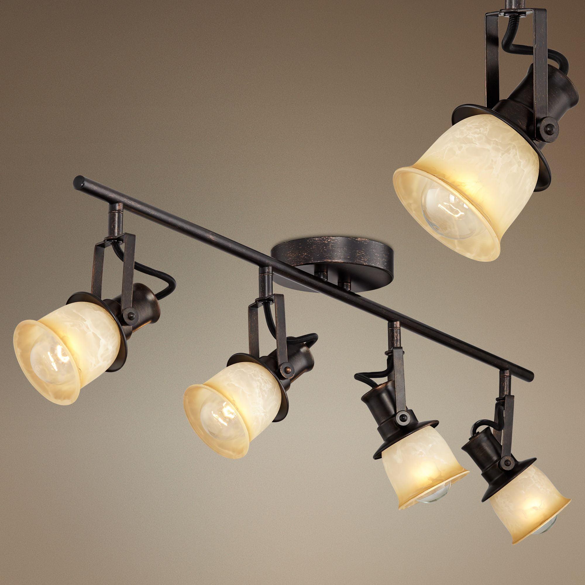 Pro Track 4-Head Ceiling or Wall Track Light Fixture Kit Spot Light Directional Brown Bronze Finish Amber Glass Traditional Kitchen Bathroom 34" Wide