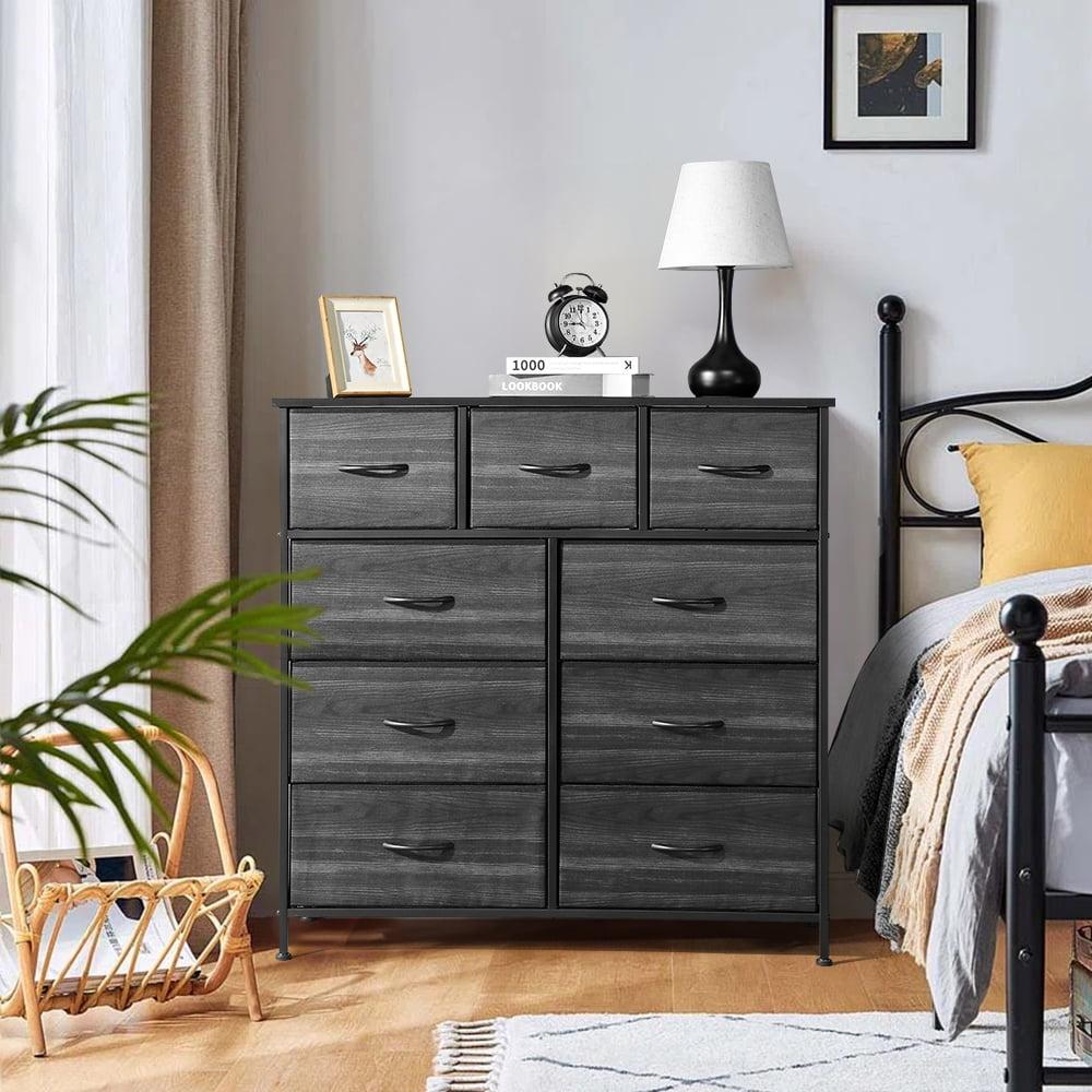 Black 9-Drawer Fabric Dresser with Iron Frame and Wood Grain Surface