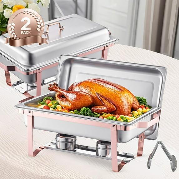 KFFKFF 2 Pack Chafing Dish Buffet Set, 8 Qt Stainless Steel Chafing Dishes with 2 Full Size Trays, Lid, Water Tray, Stand, and Fuel Holder, Ideal for Parties, Events, Wedding, Camping, Dinner