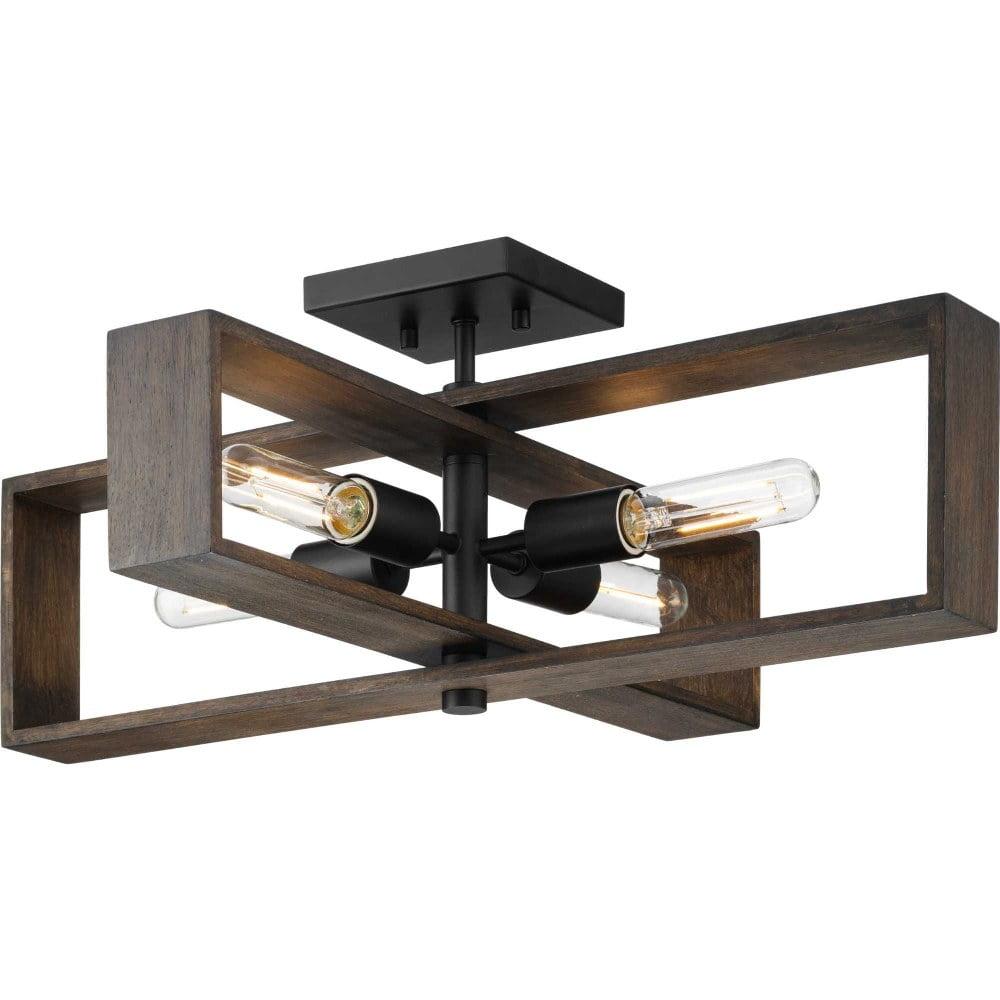 Matte Black and Wood 4-Light Flush Mount Ceiling Fixture