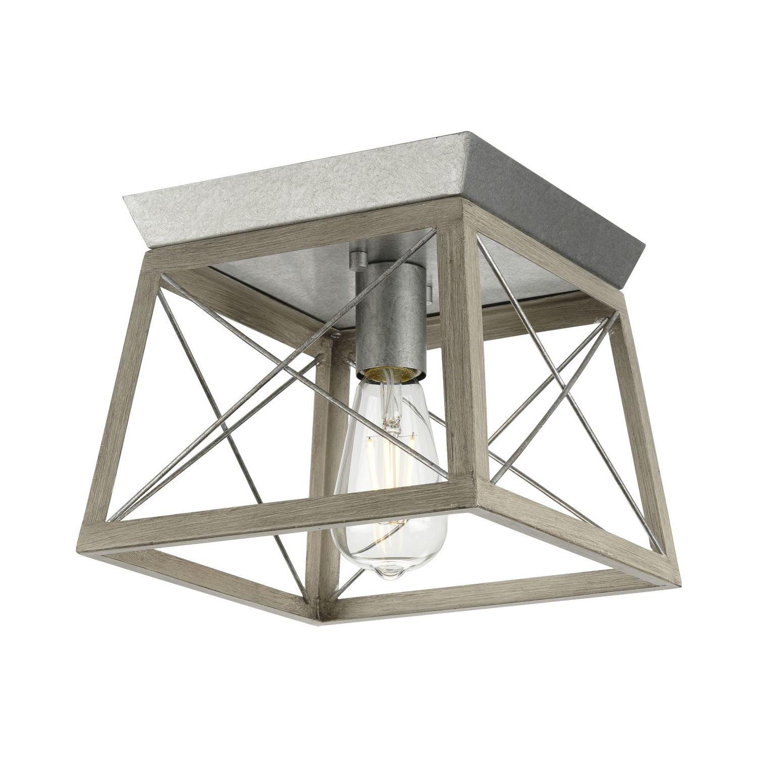 Progress Lighting Briarwood 1-Light Flush Mount, Galvanized, Faux-Painted Wood Shade