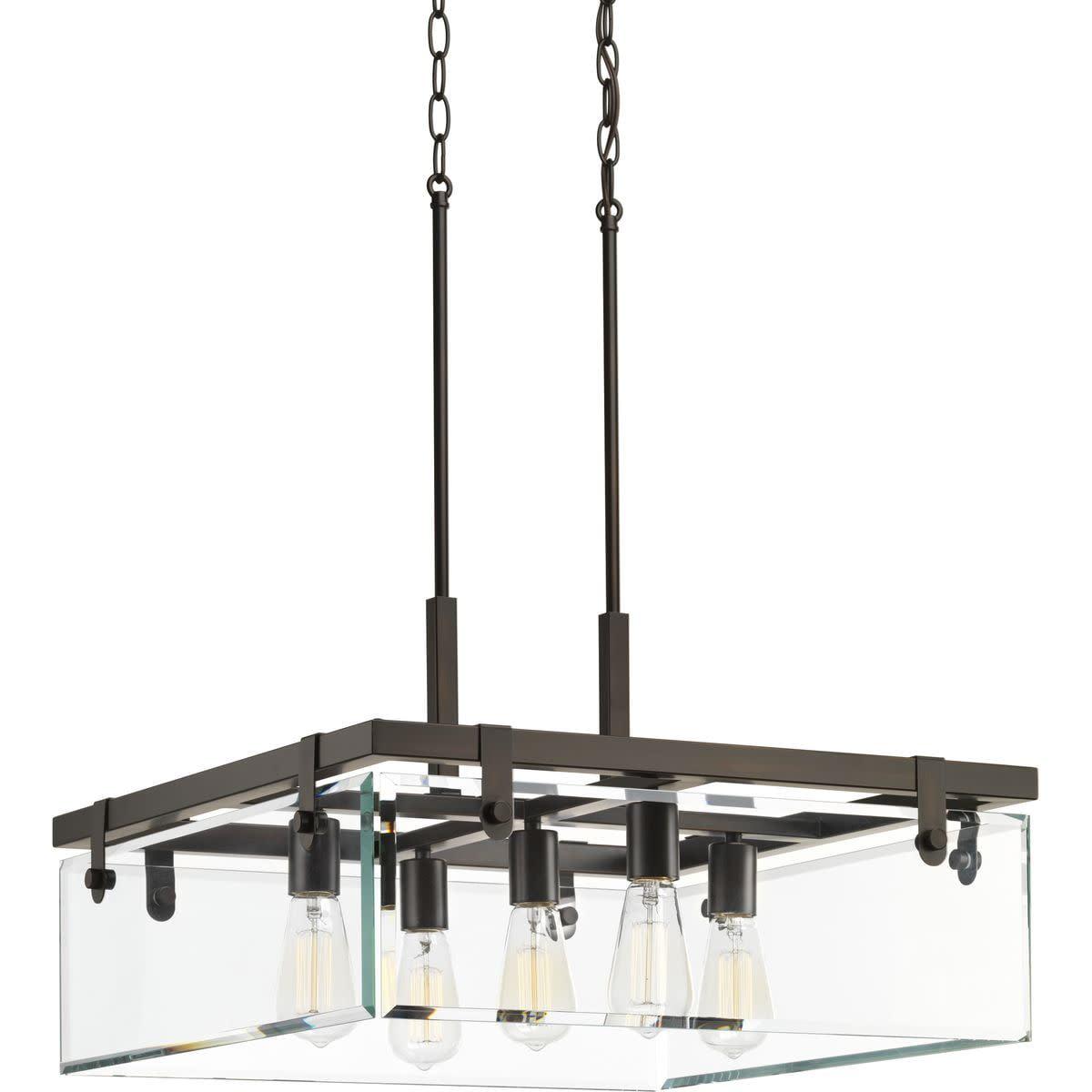 Progress Lighting Glayse 5-Light Pendant, Antique Bronze, Beveled Glass Shade