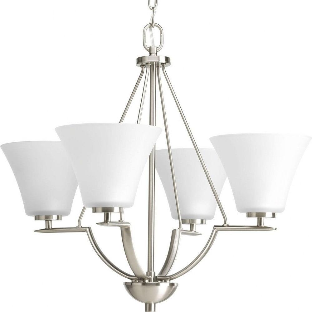 Progress Lighting Bravo 4-Light Chandelier, Brushed Nickel, White Etched Glass