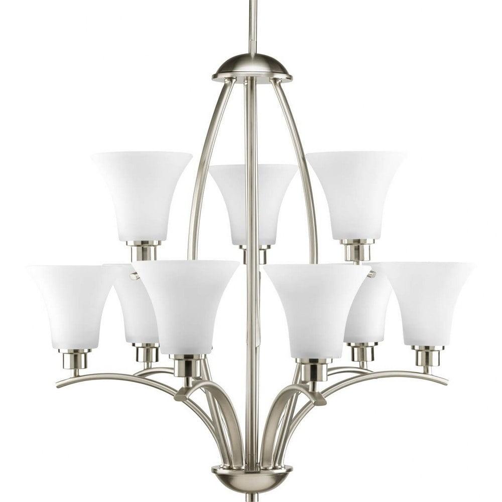 Progress Lighting Joy 9-Light Two-Tier Chandelier, Brushed Nickel, Etched White Fluted Glass