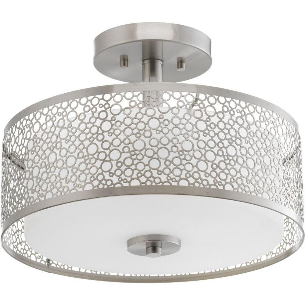 Brushed Nickel LED Semi-Flush Drum Light with Etched Glass