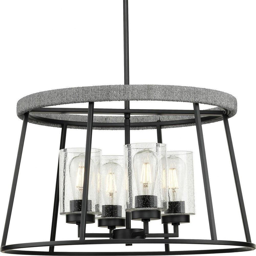 Matte Black 24" Cage Chandelier with Seeded Glass Shades