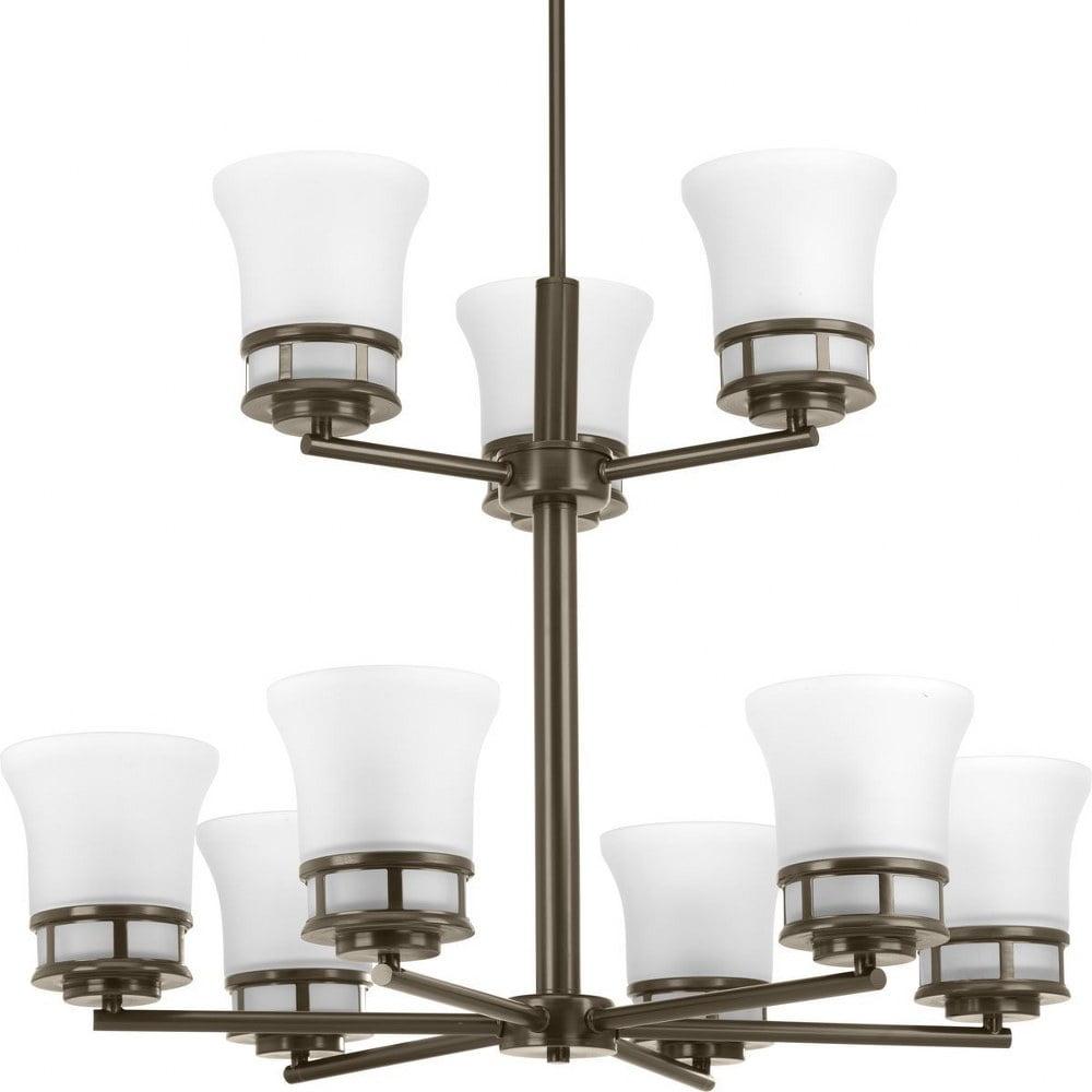 Cascadia Antique Bronze 9-Light Two-Tier Chandelier with Etched Glass Shades