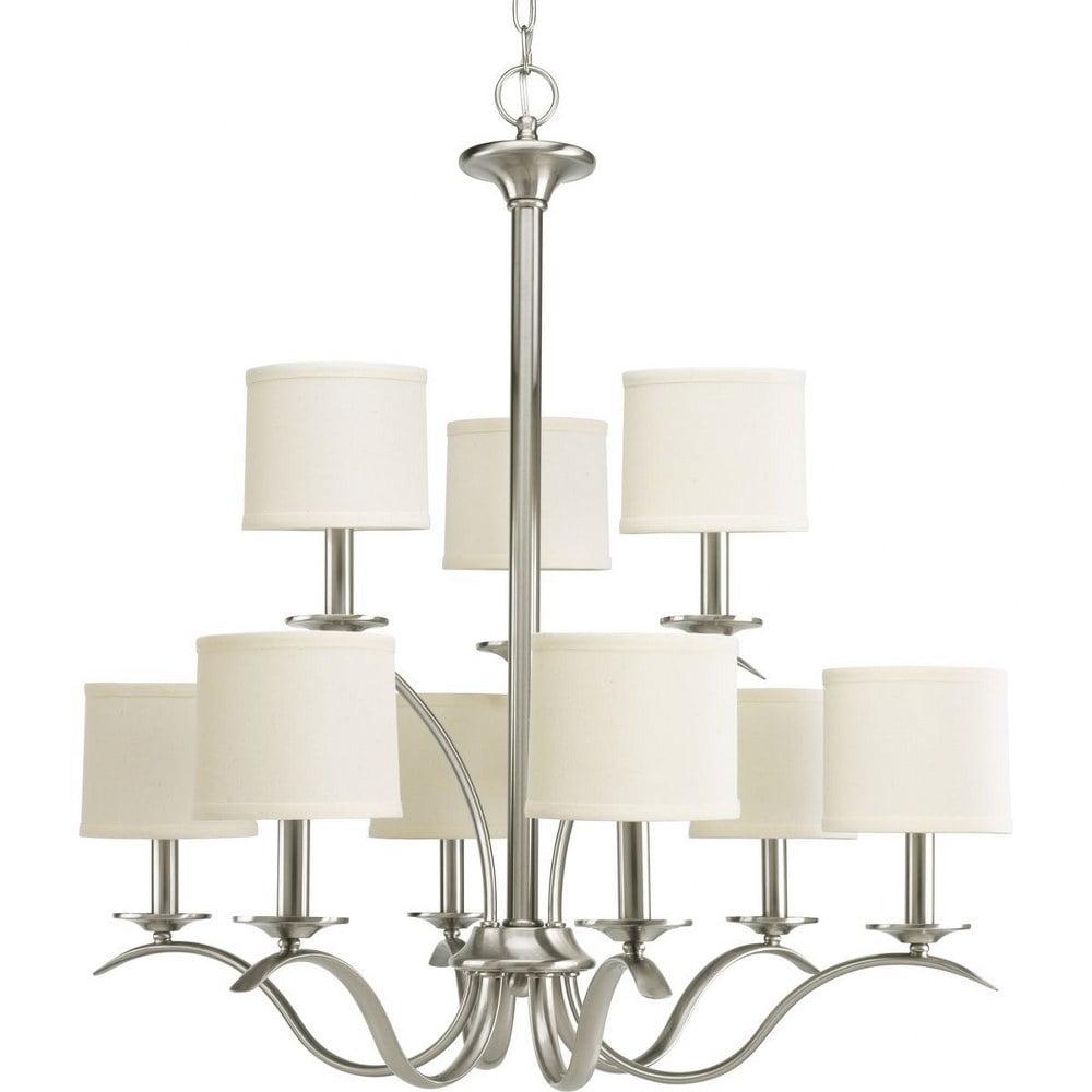 Brushed Nickel 9-Light Two-Tier Chandelier with Linen Drum Shades