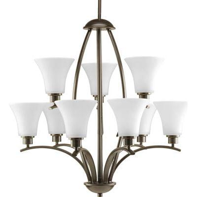 Progress Lighting Joy Collection 9-Light Two-Tier Chandelier, Antique Bronze, Etched White Fluted Glass