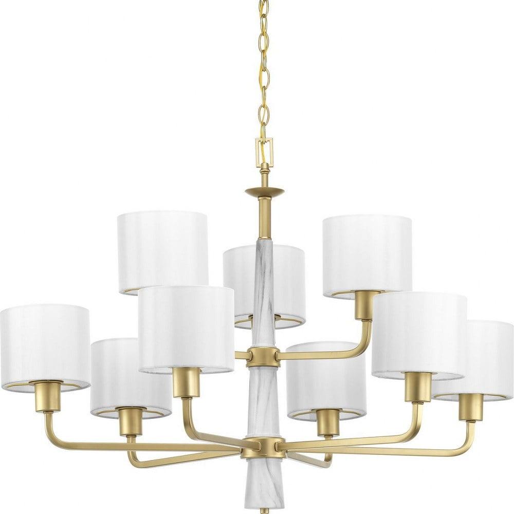 Vintage Gold and White Drum Shade 9-Light Chandelier