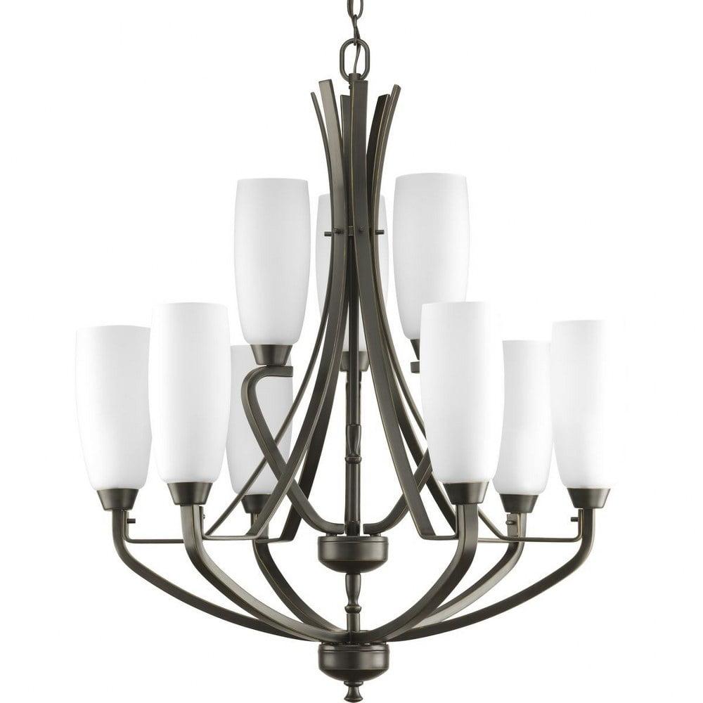 Antique Bronze 9-Light Chandelier with Etched Glass Shades