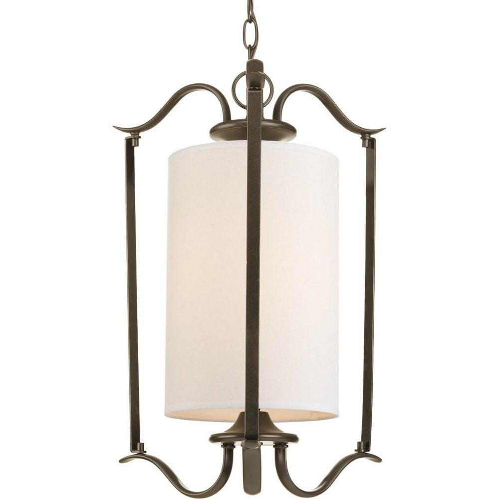 Elegant Antique Bronze Foyer Pendant with Off-White Linen Shade