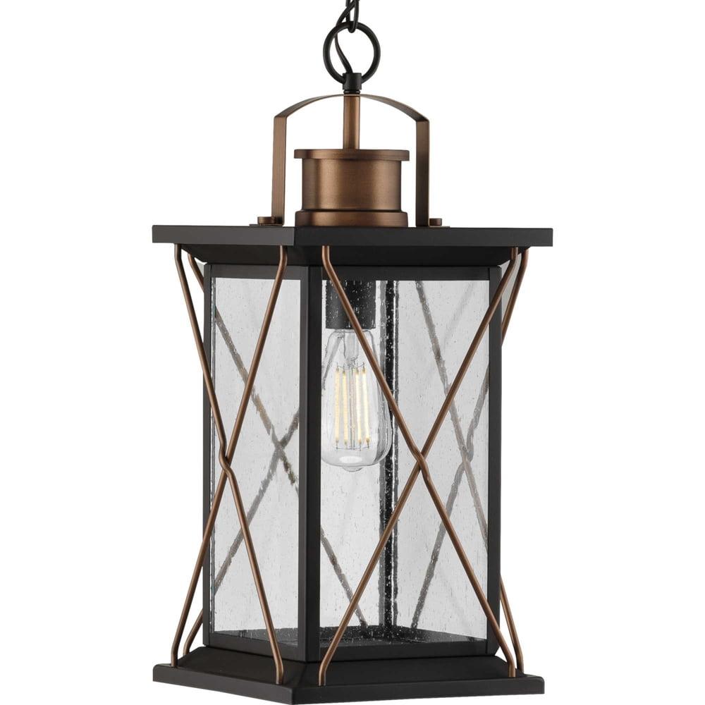 Progress Lighting Barlowe 1-Light Outdoor Hanging Lantern, Antique Bronze, Clear Seeded Glass, Farmhouse Style