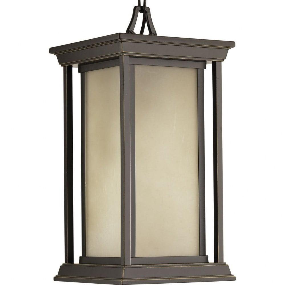 Antique Bronze Indoor/Outdoor Hanging Lantern with Linen Glass Shade