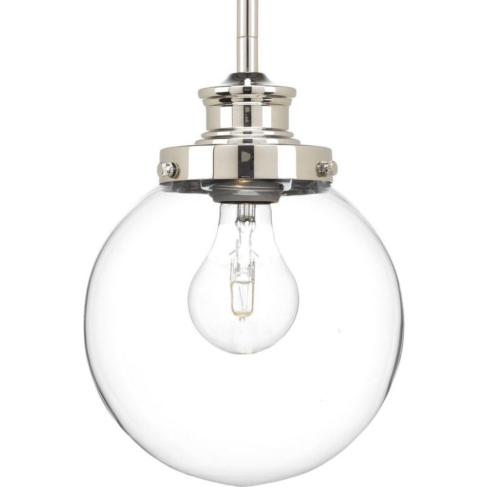 Progress Lighting, Penn Collection, 1-Light Pendant, Polished Nickel, Clear Glass Sphere, Porcelain Shade