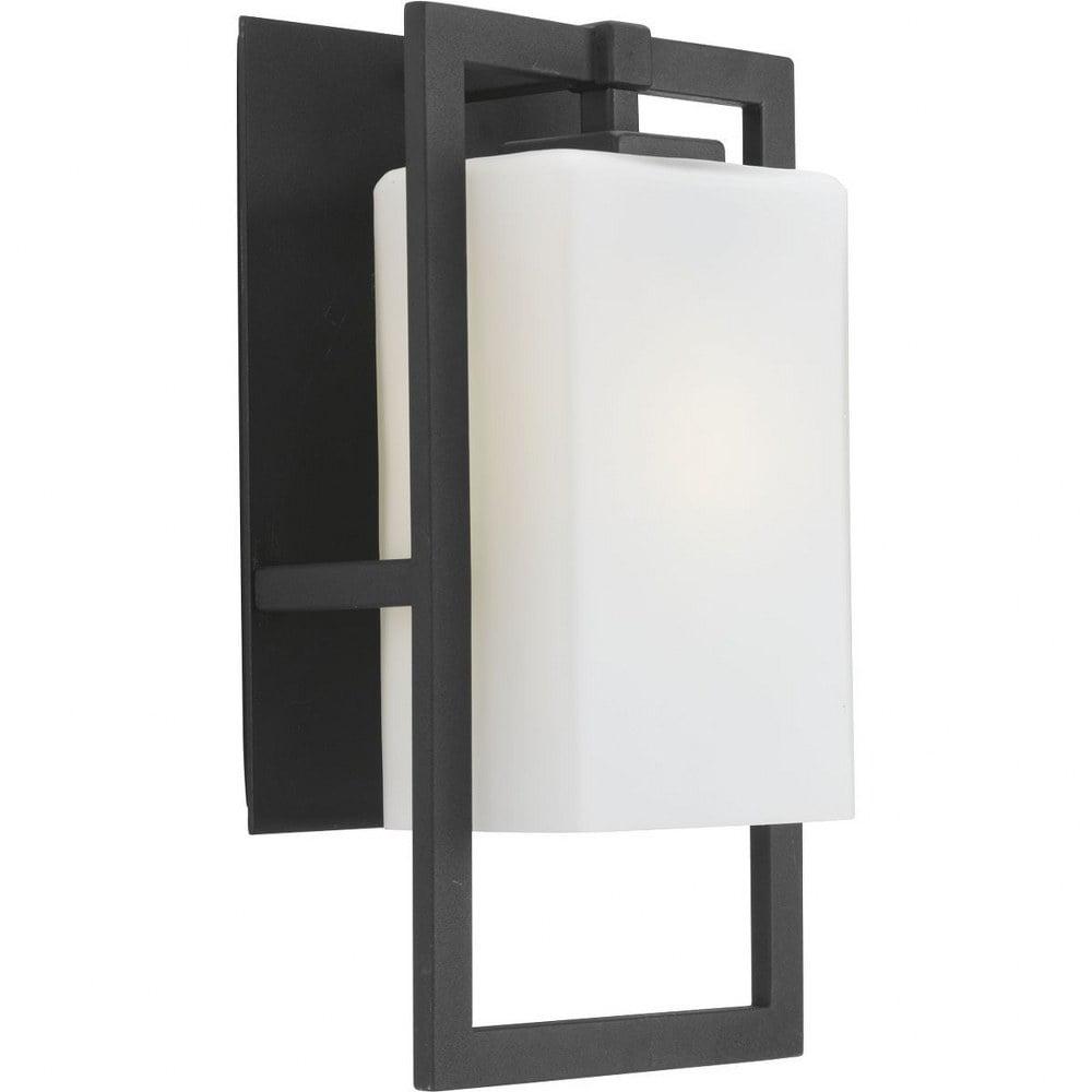 Progress Lighting Jack Collection 1-Light Outdoor Sconce, Porcelain, Textured Black, Etched Umber Flax Glass Shade