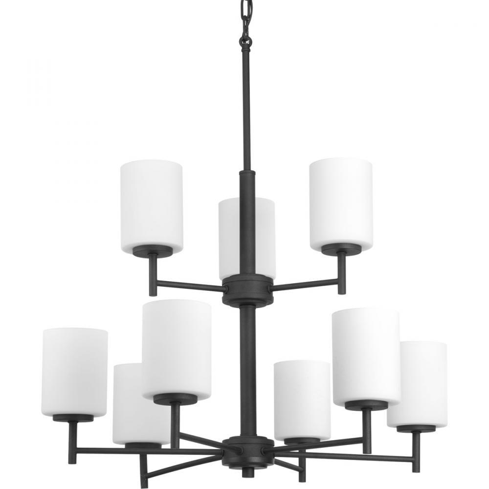 Black Steel Two-Tier 9-Light Chandelier with White Shades