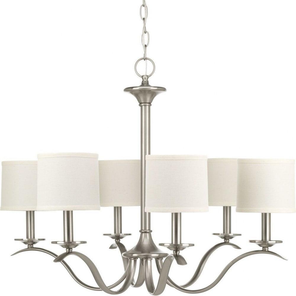 Brushed Nickel 6-Light Chandelier with Off-White Linen Shades