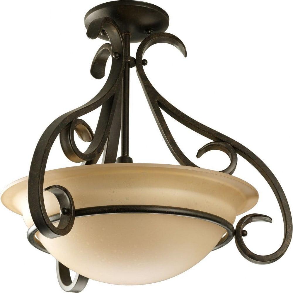 Progress Lighting Torino 3-Light Semi-Flush in Forged Bronze with Etched White Glass Bowl