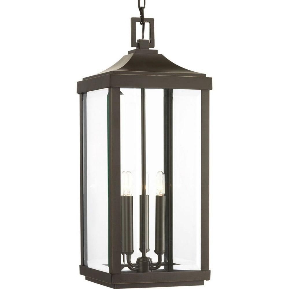 Progress Lighting, Devereux, 3-Light Outdoor Hanging Lantern, Antique Bronze, Etched White Pillar Shade