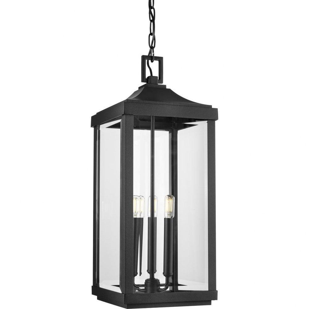 Progress Lighting Gibbes Street 3-Light Outdoor Hanging Lantern, Antique Bronze, Etched White Pillar Shade